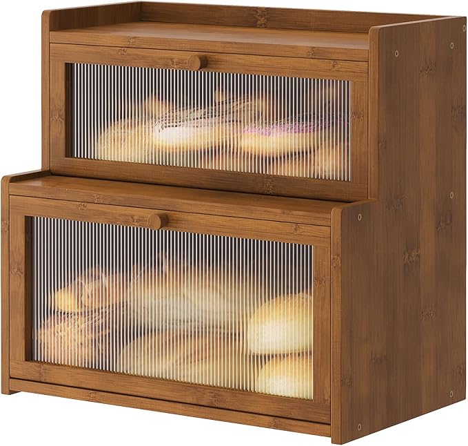 Double Layer Bamboo Bread Box for Kitchen Counter,Bread Holder,Countertop Bread Storage with Window (Brown)