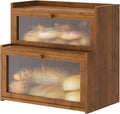 Double Layer Bamboo Bread Box for Kitchen Counter,Bread Holder,Countertop Bread Storage with Window (Brown)