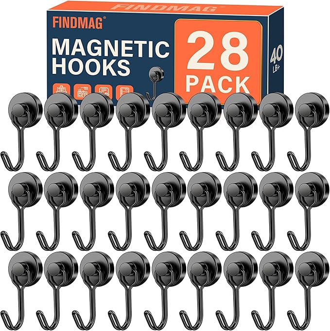 FINDMAG 40LB Magnetic Hooks, 28 Pack Heavy Duty Neodymium Hooks for Hanging, Strong Magnetic Hooks for Cruise Cabins, Refrigerator, Classroom, Locker Accessories, Grill