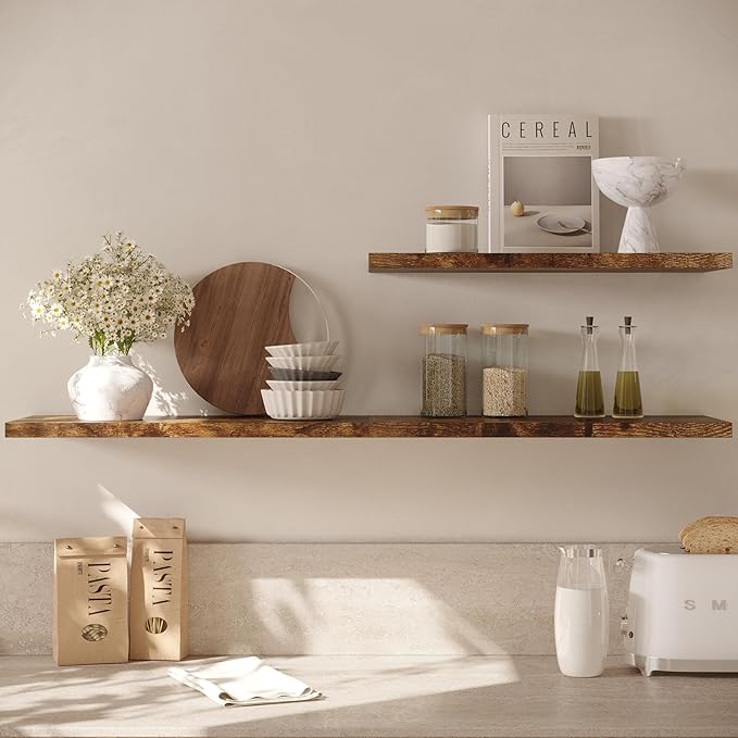 Wall Shelf Set of 3, Rustic Brown Floating Shelves 30 in W x 10 in D x 1 in H, Wooden Floating Wall Shelf with Invisible Brackets for Living Room/Bedroom/Bathroom/Kitchen Storage and Decor