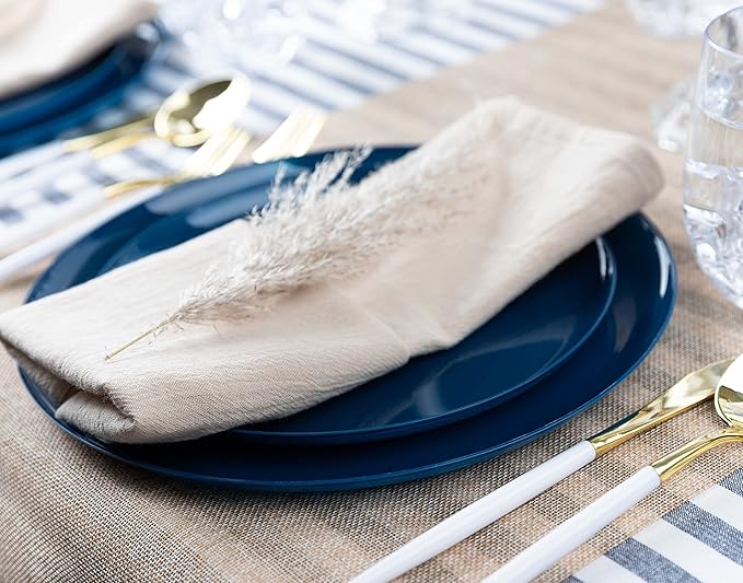 [30 Pack 10.7''] Dark Blue Plastic Party Plates Edge Collection Premium heavyweight Elegant Disposable Tableware Dishes