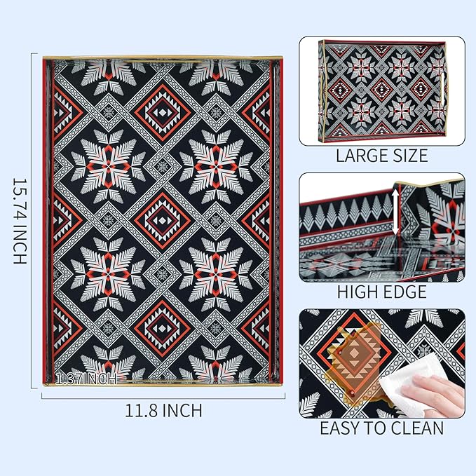 Boho Sturdy Acrylic Rectangular Serving Tray with Handles, 30x40, Beige, Plastic, Solid, Art Decorative Tray for Coffee Table, Food, Breakfast, Bathroom, Ottoman