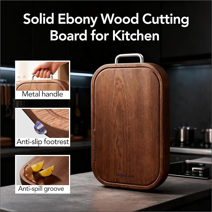 3Pack Wood Cutting Board, Solid Ebony Wooden Cutting Boards for Kitchen, Double-Sided Butcher Block with Juice Groove, Non-Slip Feet, 1" Thick Chopping Board for Meat And Vegetables