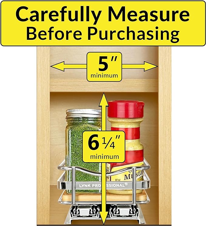 LYNK PROFESSIONAL® Élite™ Pull Out Spice Rack Organizer for Inside Kitchen Cabinets - 4-3/8 inch Wide - Slide Out Drawer – Wood/Chrome Sliding Spice Cabinet Organization Shelf Racks - 1 Tier