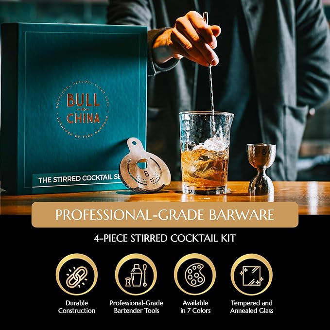 4 Piece Cocktail Kit by Bull In China - Premium Bartender Gift Set Includes Flagship Mixing Glass, 12 inch Barspoon, Bell Jigger & Hawthorne Strainer For Professional & Home Bars (Matte Black)
