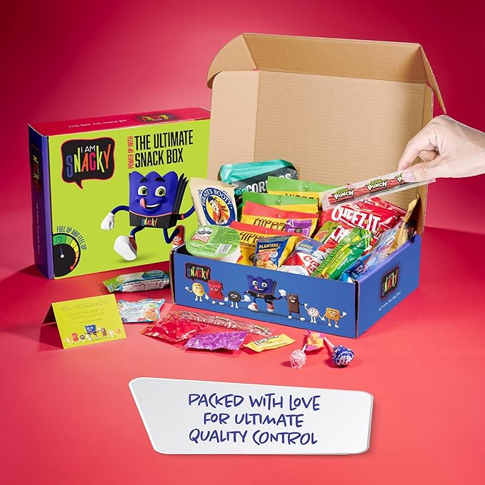 I AM Snacky - Holiday Christmas Stocking Stuffers, Snack Box Variety Pack Care Package + Greeting Card - SNACKY'S PARTY PACK (100 Count) Xmas Birthday Sweet Treats Gift Basket, Candies Chips