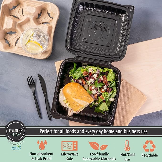 MULMEHË Eco-Friendly Mineral Filled Polypropylene Plastic Hinged Take Out Food Containers, 10x10x3, Vented Single Compartment, Black (200)