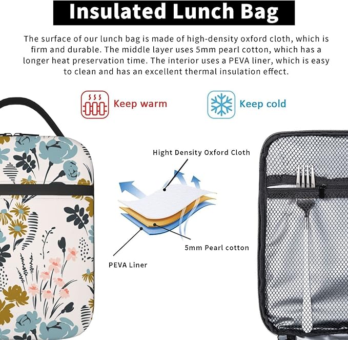 FREEHOTU Floral Pattern Lunch Bag Double Insulated Leakproof Lunch Box Tote Bag Cooler Lunch Organizer for Work Picnic Travel Camping