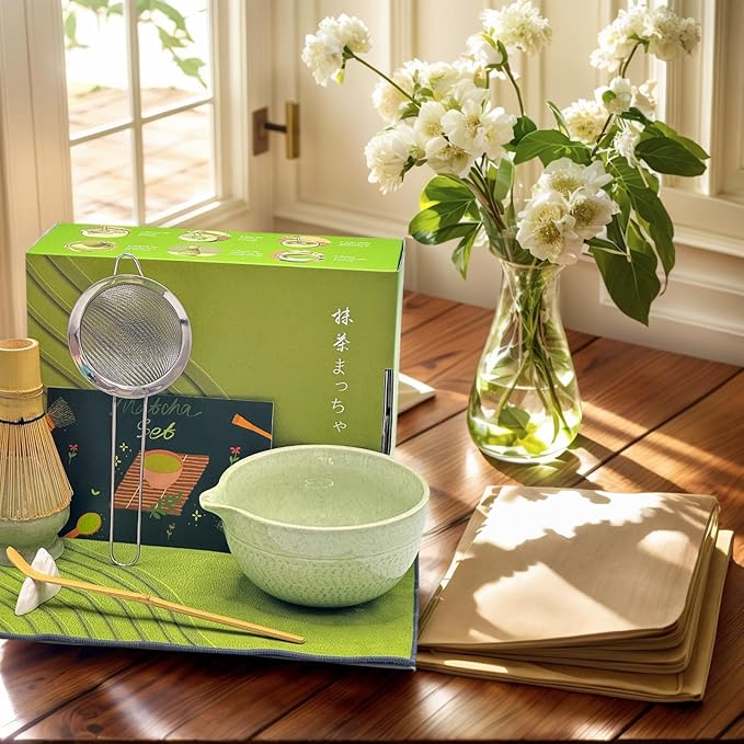 Matcha Whisk Set, 7 Pcs Matcha Set Includes Matcha Bowl with Spout, Bamboo Whisk, Holder, Stainless Sifter, Scoop and Rest, Rest, Tea Towel - Japanese Matcha Kit for Matcha Lovers, Family/Friend