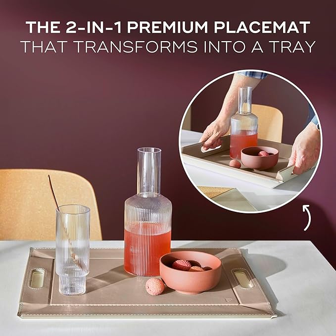 PLACEsMAT 2-in-1 Faux Leather Placemat & Serving Tray | Reversible Design, Lays Flat & Easy to Clean | Ottoman Food Tray, Perfect Housewarming Gift, 18” x 14” (Fabric Tan & Cream, Single)