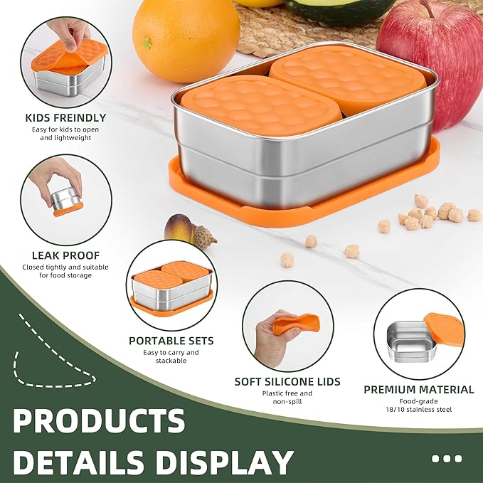 HaWare 8oz*2+25oz Stainless Steel Lunch Containers, Leak Proof Food Storage Snack Containers with Silicone Lids, Portable Sandwich Containers, Easy Open Bento Lunch Box for School Daycare