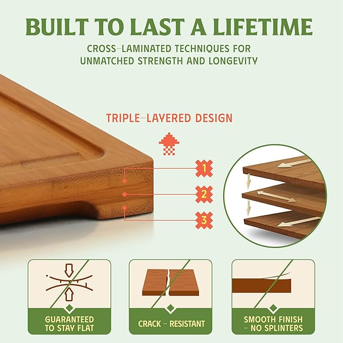 Vietnam Carbonized Bamboo Cutting Board Set of 3 with Holder, Non Toxic Reversible Boards with Juice Groove, Smooth Finish and Non Slip Feet, Handmade in Vietnam for Prep and Charcuterie