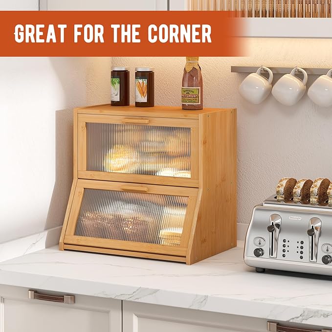 GHWIE Double Layer Bamboo Bread Box for Kitchen Counter,Large Capacity Bread Storage Bin,Bread Container with Acrylic Wavy Door Panel (Natural, Extra Large)