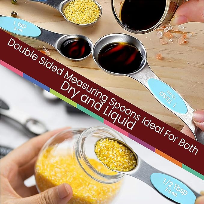 Magnetic Measuring Spoons Set of 9 Stainless Steel Dual-Sided Stackable Measuring Spoon Nesting Teaspoons Measuring Dry and Liquid Ingredients, Fits in Spice Jars Set of 9 (Blue Aqua Sky)