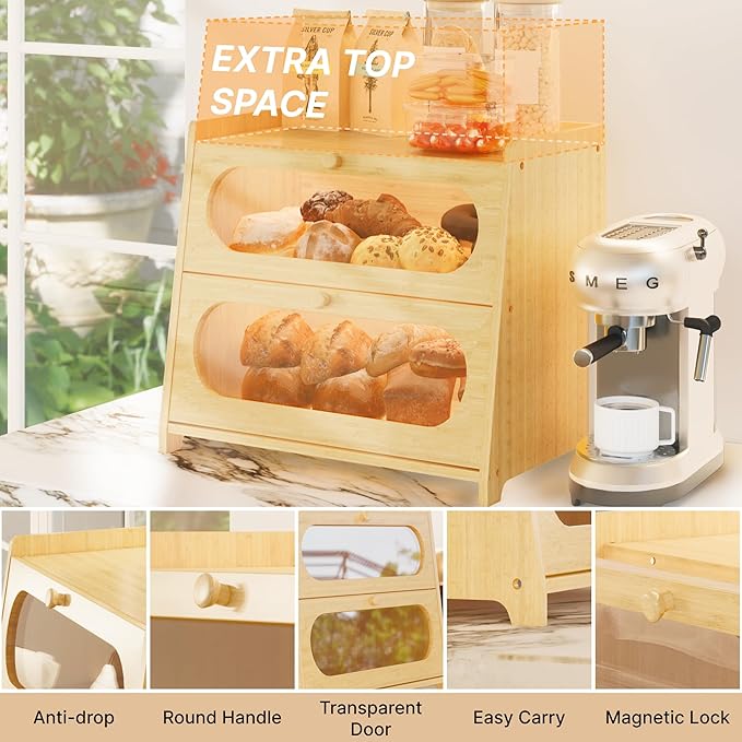 Double Layer Bamboo Bread Box for Kitchen Countertop, Large Capacity with Window Breadbox, Farmhouse Bread Storage Container, Fits Corner, Cabinet, Pantry