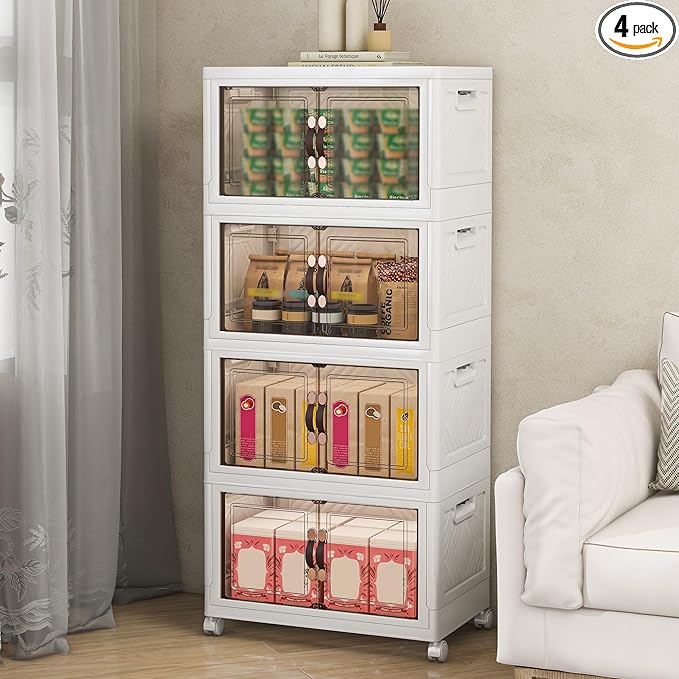 Storage Bins with Lids and Wheels, Collapsible Bathroom Storage Cabinet with Clear Doors, Plastic Stackable Closet Organizers and Storage Containers White 180 QT