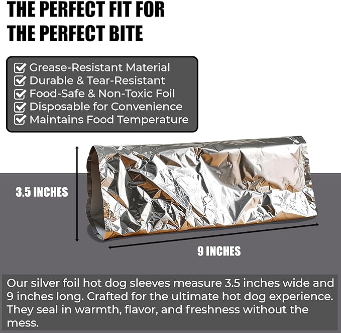 250 Pack Aluminum Foil Hot Dog Bags – Grease-Resistant Wrappers for Food Trucks, Concessions, Parties & More – BPA-Free, Disposable Takeout Food Sleeves by C&S Event Supply Co.