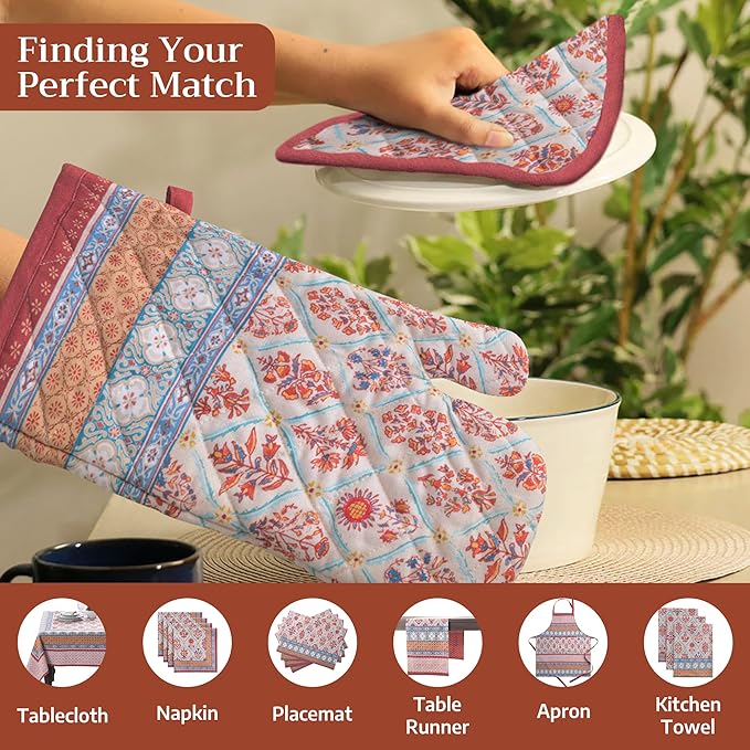 Maison d' Hermine Oven Gloves 100% Cotton Oven Mitt 7" x 13" with Loop Heat Resistant BBQ Cooking Gloves for Thanksgiving Christmas Decorations Baking Handling Hot Pans (Pack of 1, Romane)