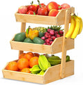 Bamboo Fruit Basket for Kitchen – 3 Tier Fruit Bowl For Kitchen Counter, Large Fruit Holder With 2 Banana Hangers, Idea For Fruit and Vegetable Storage, Bread Basket, Snack Organizer(Bamboo)