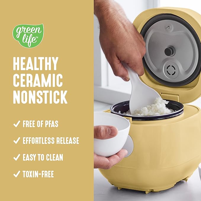 GreenLife Digital Rice Cooker, 2-Cups Uncooked/4-Cups Cooked, Removable Nonstick Ceramic PFAS-Free Pot, One-Touch Presets, Oats, Quinoa, Brown Rice, Auto Keep Warm, Fuzzy Logic Tech, 1.5QT, Butter Yellow