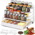 Spice Rack Organizer with Drawer: 5 Tier Spice Organization for Cabinet, Depth Adjustable Metal Shelf for Kitchen Countertop, Cupboard, Pantry, Holds Seasoning and Condiments (White)