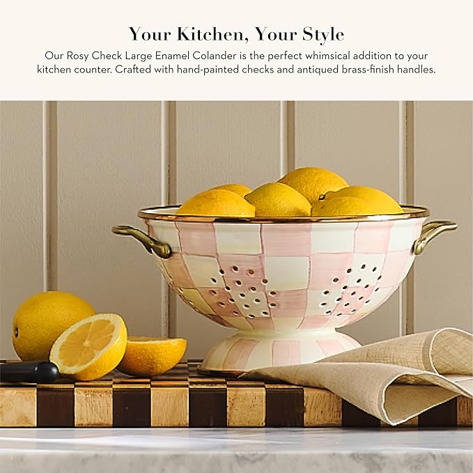 MACKENZIE-CHILDS Enamel Colander, Decorative Kitchen Strainer, Large, Pink-and-White Rosy Check