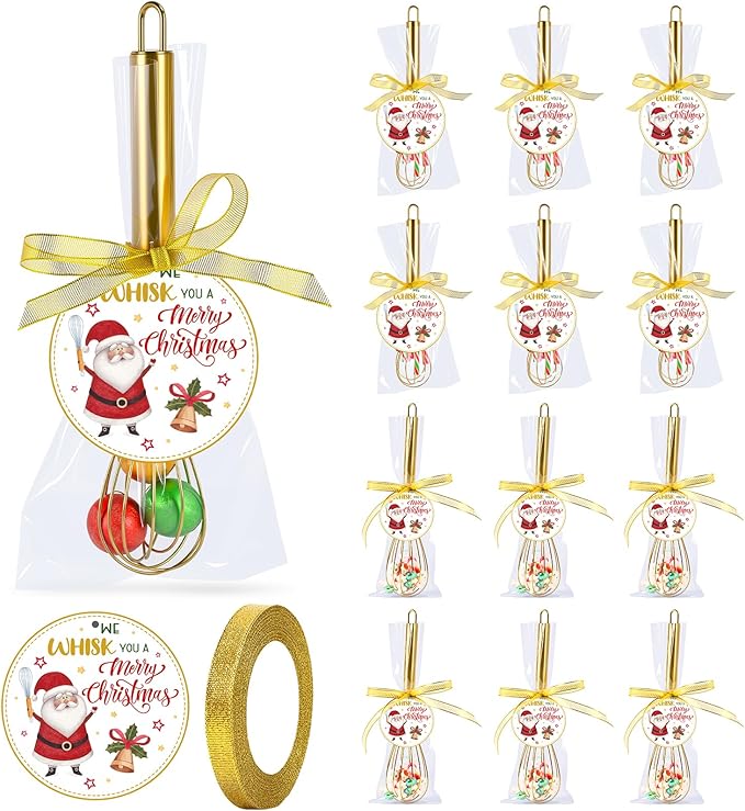 24 Sets 10 Inch Christmas Whisk Gifts Bulk Include Gold Stainless Steel Whisks Cards Bags Ribbons, Egg Beaters DIY Cooking Party Favors for Neighbor Employee Xmas Stocking Stuffers Idea