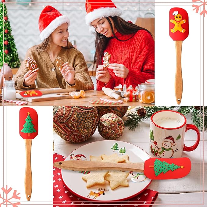Menkxi 32 Pcs Christmas Silicone Spatulas, Xmas Cake Spatula with Wooden Handles - Santa Claus Snowman Gingerbread Designs for Cooking & Baking