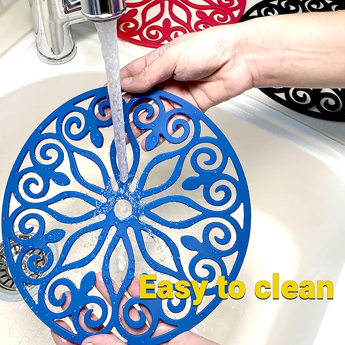 3 Set Silicone Trivet Mats With 1 Extra Large Included | Intricately Carved Insulated Flexible Durable Non Slip Thick Round Premium Trivets for Hot pots and pans | Orange
