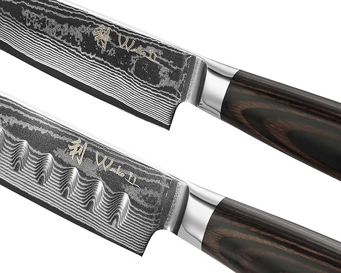 Wakoli EDIB Essentials 2-Piece Damascus Kitchen Knife Set – Chef Knife & Santoku Knife with VG10 Core made of 67-Layer Damascus Steel Blades – Professional Kitchen Knives with Pakkawood Handles