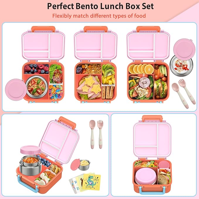 Kids Bento Lunch Box with 9oz Soup Thermo Leakproof Lunch Food Containers 4 Compartment with Insulated Hot Food Jar for Kid Toddler Girls Boys to School, Trvael