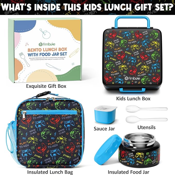 Fimibuke Bento lunch Box Set for Kids Adult with 8oz Insulated Food Jar, Lunch Bag & Sauce Cup, Leakproof Dishwasher Safe Toddler Lunch Food Container with 3-4 Compartment for School Girls Boys