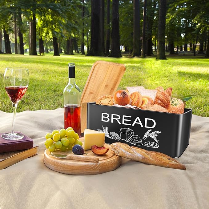 JIGUOOR Black Bread Box, Large Space Saving Vertical Metal Bread Box with Wooden Cutting Board Lid, Holds 2+ Loaves, Farmhouse Bread Bins Kitchen Bread Storage,Kitchen Parts Box 12.99" x 7.08" x 4.72"