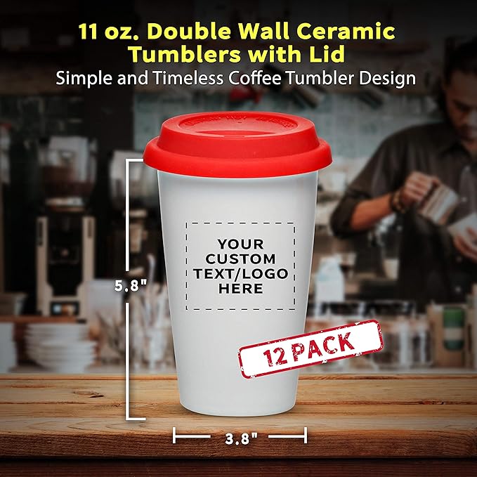 Personalized 11 oz. Double Wall Ceramic Tumblers with Lid - 12 Pack - Custom Text, Logo - Red