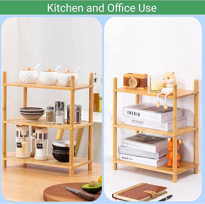 Expandable Bamboo Desktop Organizer Shelf Kitchen Cabinet and Counter Riser Display Shelf for Top of Desk Home Office Bathroom Coffee Table Display Stand- Useful Home & Housewarming Gift