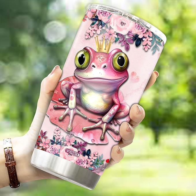 Frog Tumbler 20oz Cute Animal Gift for Women, Girls Who Freaking Love Frogs Lovers Funny Crown Perfect Birthday Christmas Valentine Wife Daughter Insulated Stainless Steel Coffee Cup with Lid