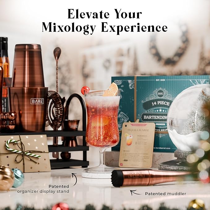 BARE BARREL® Mixology Bartender Kit Bar Set | 14-Piece Cocktail Shaker Set | Martini Barware Mixing Tools for Home Bartending | 35 Recipe Cards | Gift Set (28oz Boston Shaker, Copper/Black)