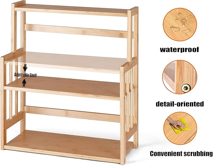 HYNAWIN Bamboo Spice Rack 3-Tier Kitchen Countertop Organizer, Adjustable Shelf Pantry Storage Stand for Herbs, Jars, and Bottles