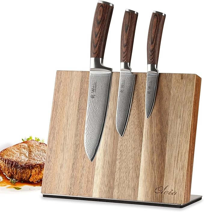 Wakoli EDIB 3-Piece Damascus Knife Block Set with Magnetic Knife Block – Chef Knives Set with 3.4" - 6.7" Blades, 67-Layer Damascus Steel (VG10 Core), Kitchen Knives with Pakkawood Handles