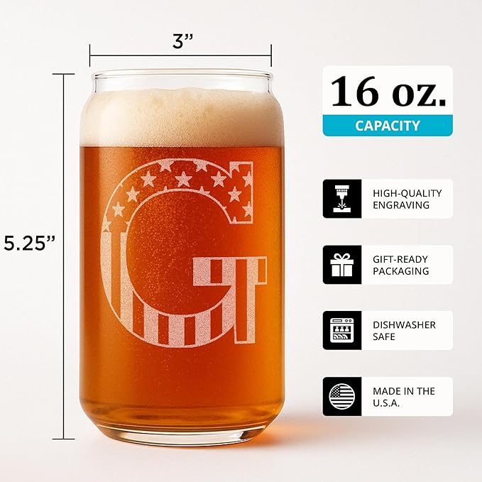 Monogram Beer Glasses for Men (A-Z) 16 oz - Beer Gifts for Men Brother Son Dad Neighbor - Unique Gifts for Him - Personalized Drinking Gift Beer Glass Mugs - Engraved Beer Can Glass (G)