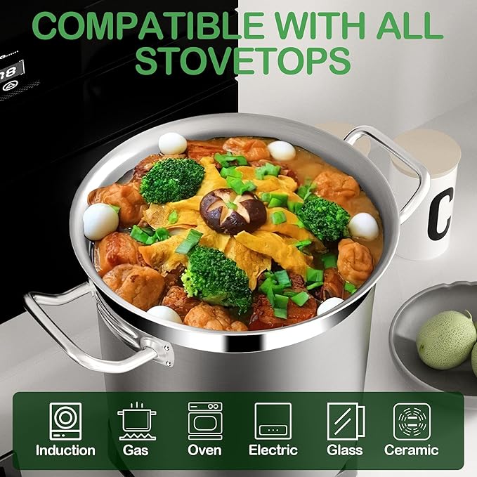 Stainless Steel 20 Quart Stockpot with Tempered Glass Lid, 3-Ply Base, 8.8 lbs, Polished Finish, Suitable for Stovetop and Oven