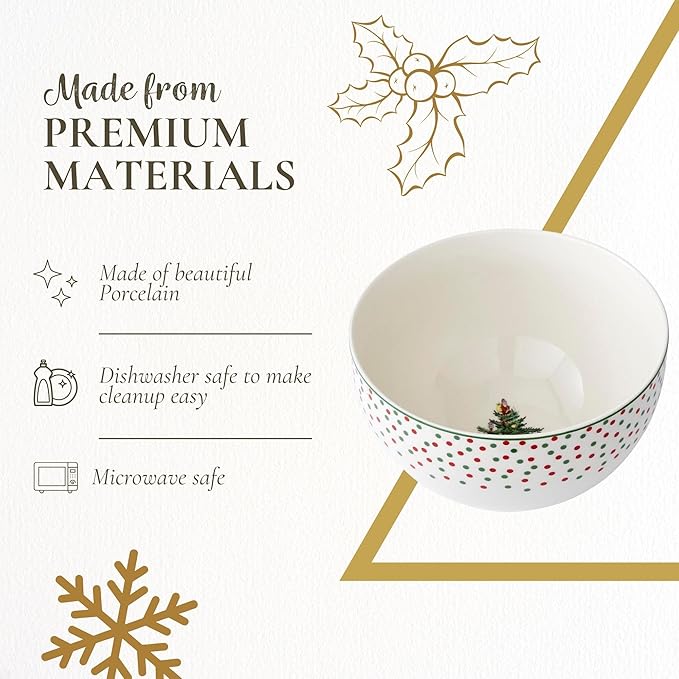 Spode Christmas Tree Polka Dot Rice Bowl - 6-Inch Porcelain Soup Bowls for the Holidays, Christmas Kitchen Bowls for Rice, Dessert, Cereal, Noodles, and Pasta, Dishwasher and Microwave Safe