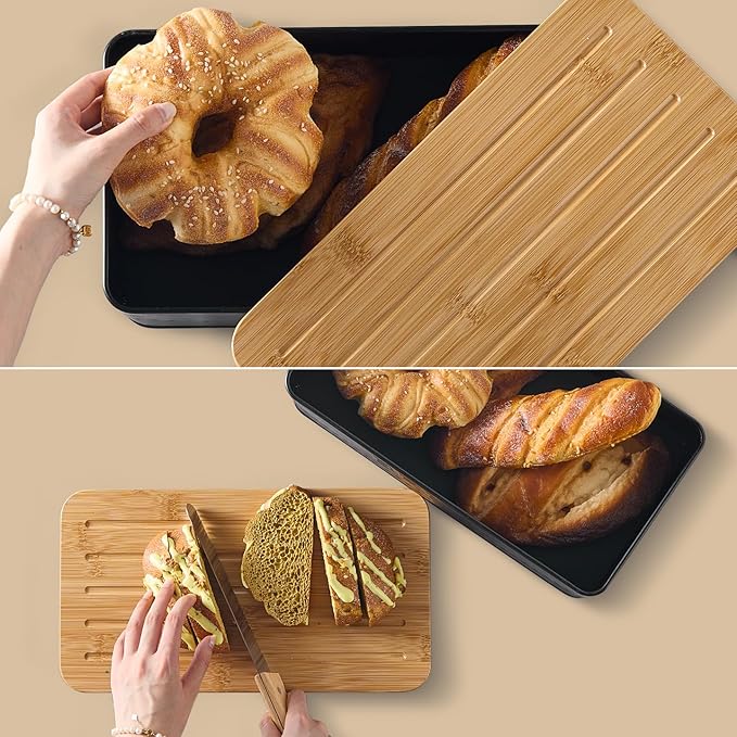 Bread Box for Kitchen Countertop - Metal Bread Storage with Bamboo Cutting Board Lid & Bread Knife, Corner Bread Container for Homemade Bread and Toast, Black