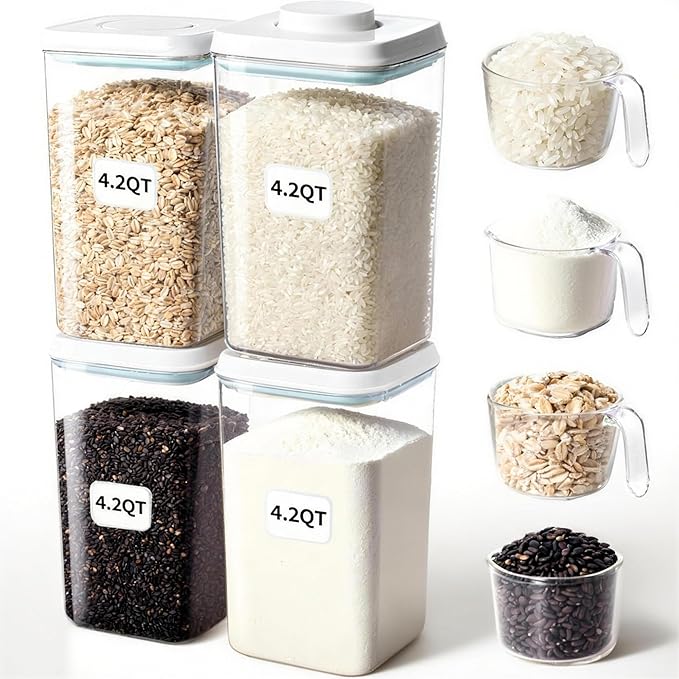 Pop Food Storage Container Airtight Rice Containers with Pop Lid & 130ml Scoop, 4L / 4.2QT *4Pcs BPA-Free Cereal, Flour, Pasta & Snack Container for Kitchen Pantry Organizer