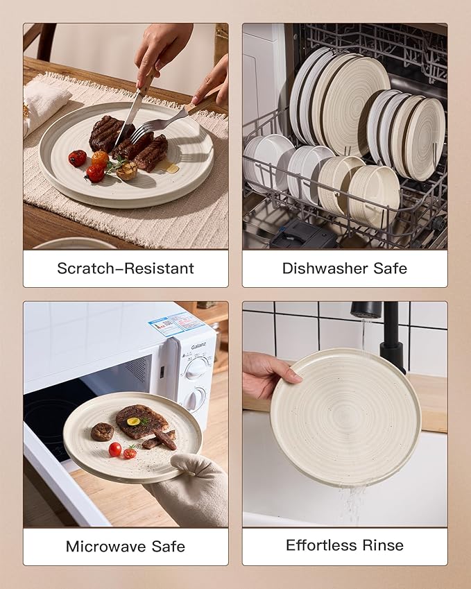 Stoneware Dinnerware Sets, Dish Set for 4, 12 Pieces Spiral Dishware Set with Straight Rim, Speckles & Reactive Glaze - Microwave and Dishwasher Safe Tableware, Shell Beige