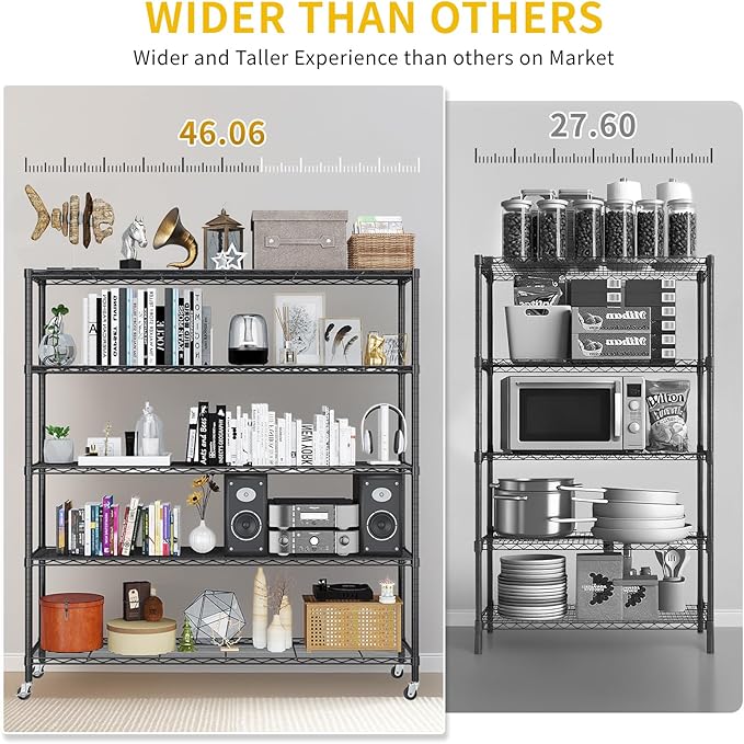 Karl home 5-Tier Adjustable Metal Storage Shelves, Wire Shelving Unit with Wheels & Leveling Feet, Heavy Duty Garage Shelving, Pantry & Kitchen Display Shelf Organizer, Home Storage Rack