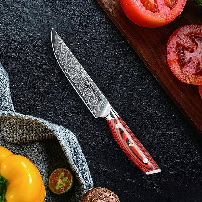 WILDMOK 5 Inch Damascus Steak Knives Set, 4pcs Sharp Professional Steak Kitchen Knives, Japanese Super VG10 Steel Multifunction Kitchen Knife with Full Tang G10 Handle