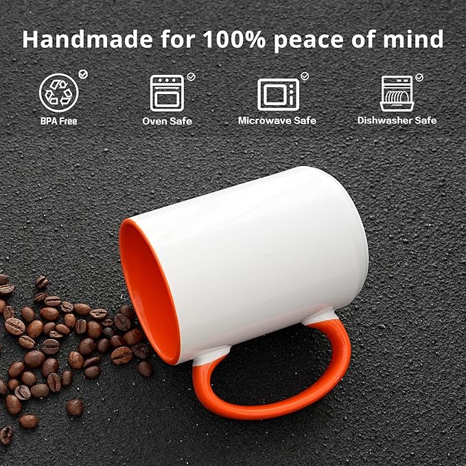 Ceramic 15oz White Sublimation Coffee Mug in White Box, 6 Assorted Colors Option #2 of Orange, Purple, Turquoise, Dark Blue, Dark Red, and Hunter Green, Case of 24