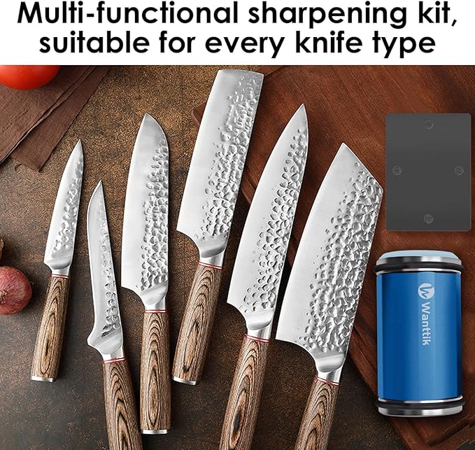 Upgraded Longer Rolling Knife Sharpener Kit, Roller Knife Sharpener with Leather Strop, 4PCS Replaceable Honing Discs, 15°, 18°, 20°, and 22° Longer Angle Base, RS3 Blue