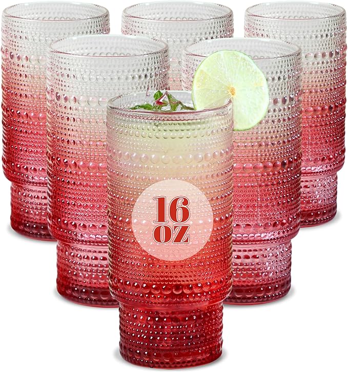 6pcs Hobnail Drinking Glasses Set, 16 oz Vintage Glassware Drinking Glasses, Gradual Red Water Glasses Tumbler, Christmas Gifts for Women
